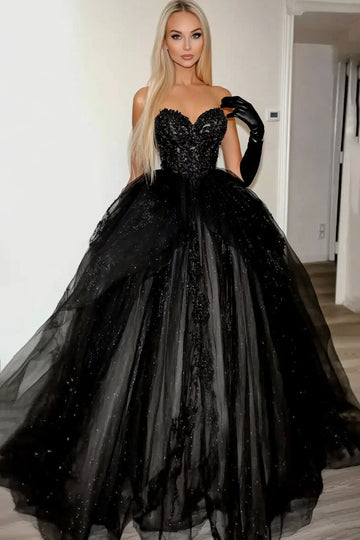 Robe de bal longue en tulle princesse chérie noire scintillante avec appliques